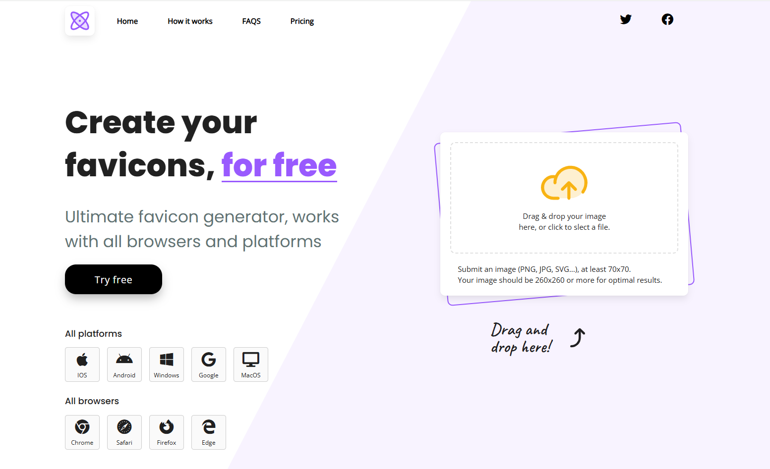 Hoofdpagina van de favicon generator met drag-and-drop afbeelding upload en overzicht van platform/browserondersteuning.