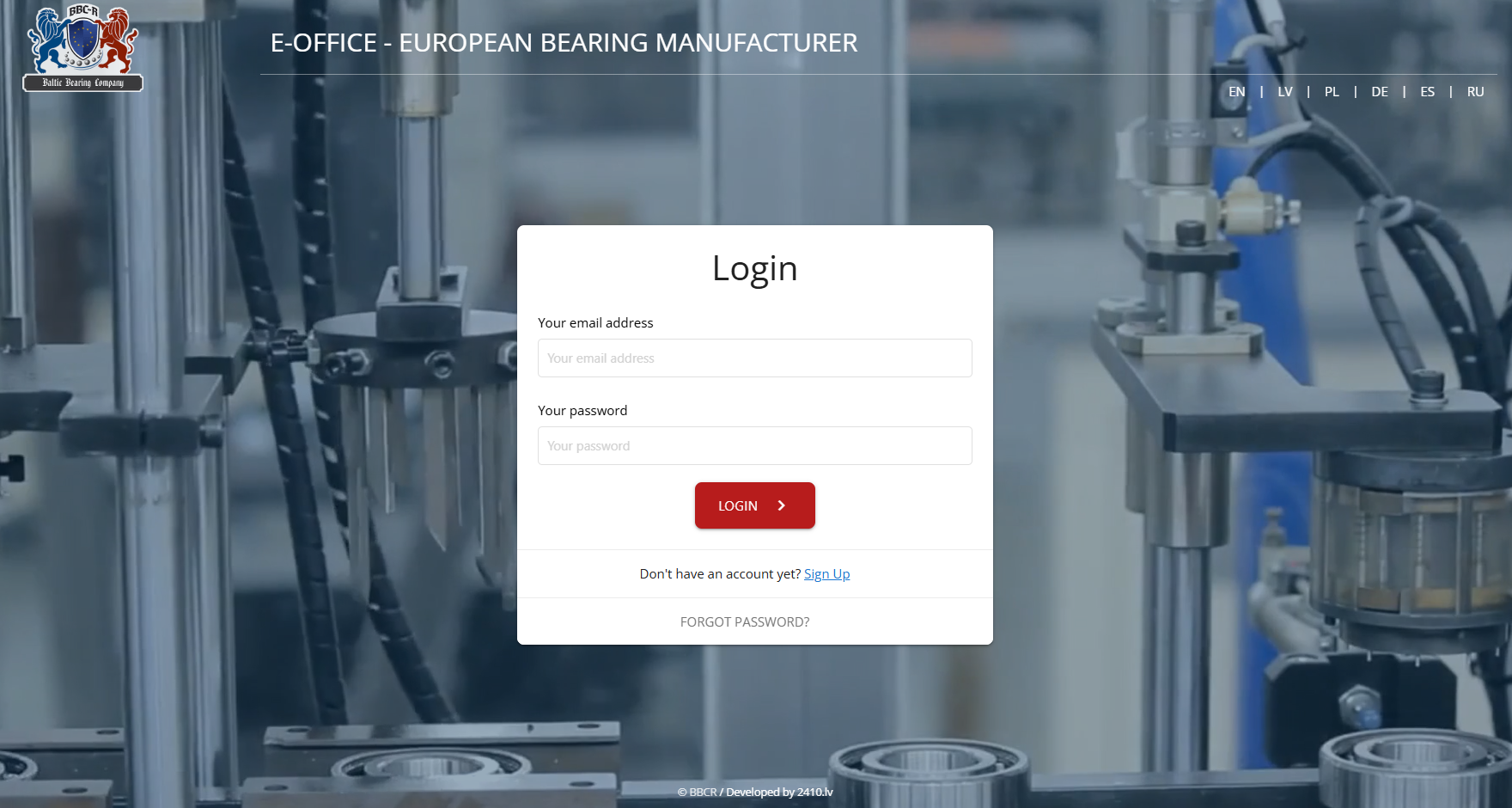 Inlogscherm van het E-Office portaal met meertalig keuzemenu en achtergrondvideo van de productielijn.