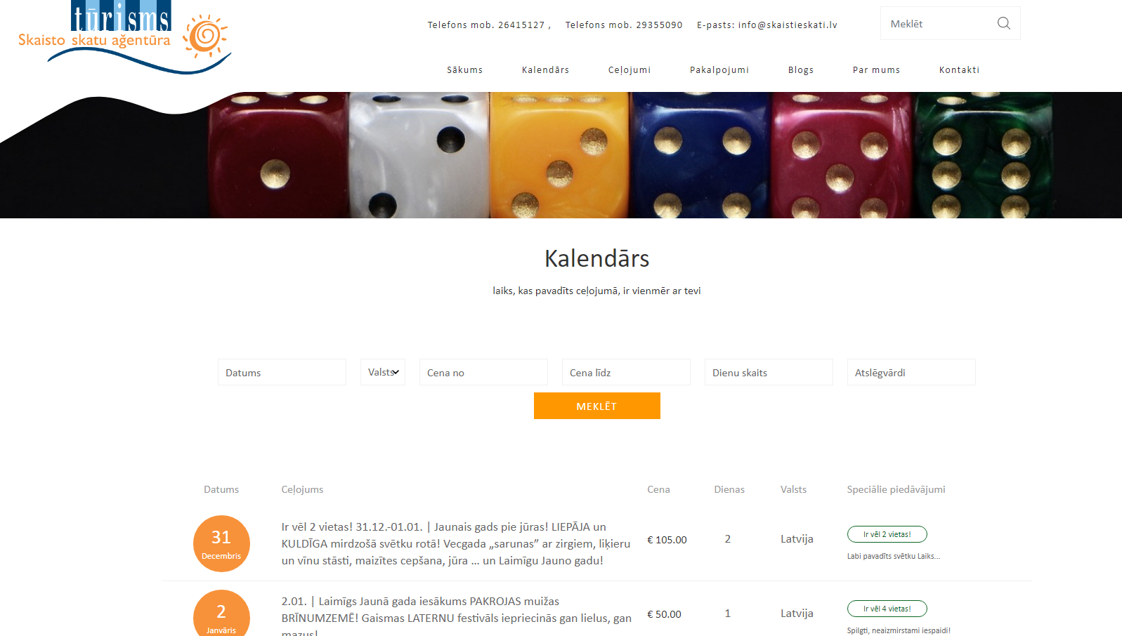 Interactieve kalender met landfilters, prijsklassen, en beschikbaarheid van tochten.