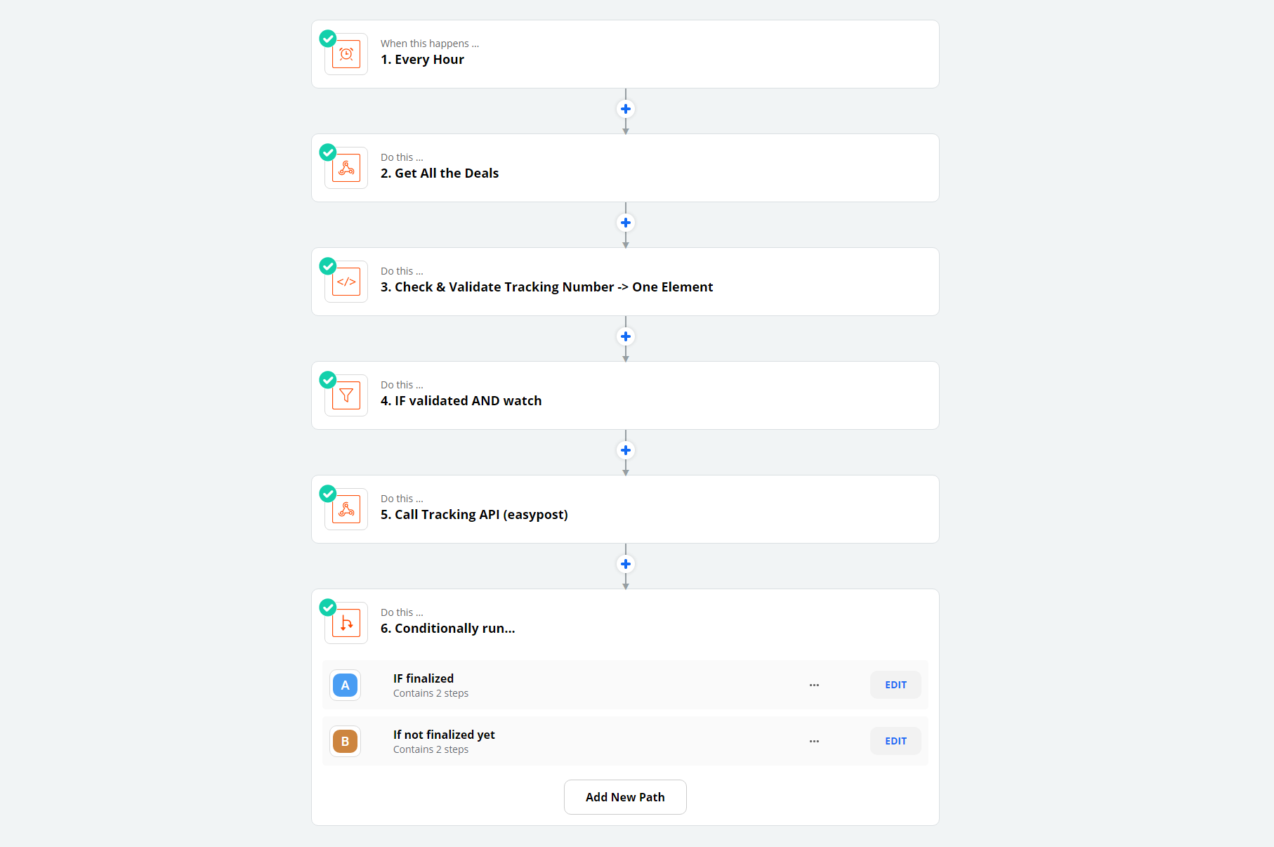 Zapier-automatiseringsstroom toont FedEx-trackingvalidatie en deal-update-logica