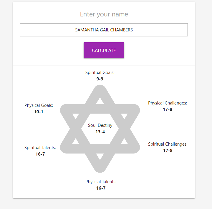 Screenshot van de Naam-gebaseerde Numerologie Calculator met berekende Ziel Bestemming en gerelateerde waarden