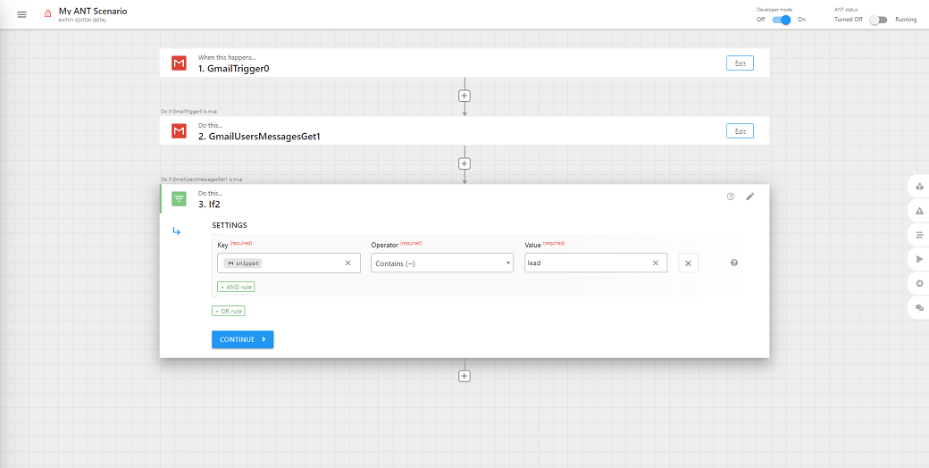 Gmail-getriggerd automatiseringsscenario in ANT Editor, filteren van berichten met het trefwoord 'load' met voorwaardelijke logica.