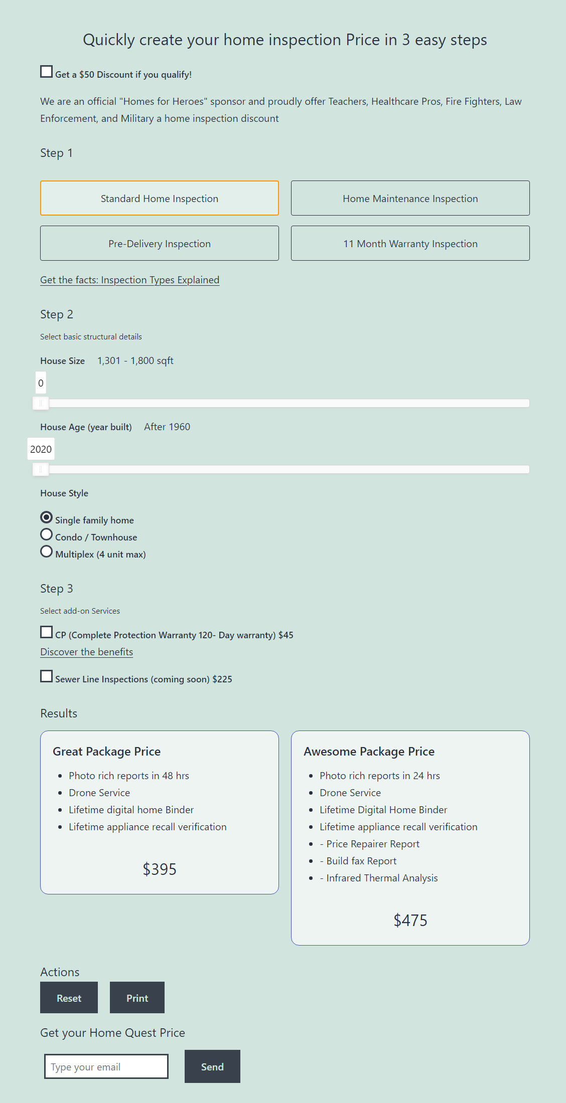 UI van de woninginspectie prijs calculator met dynamische pakketprijzing op basis van geselecteerde opties.