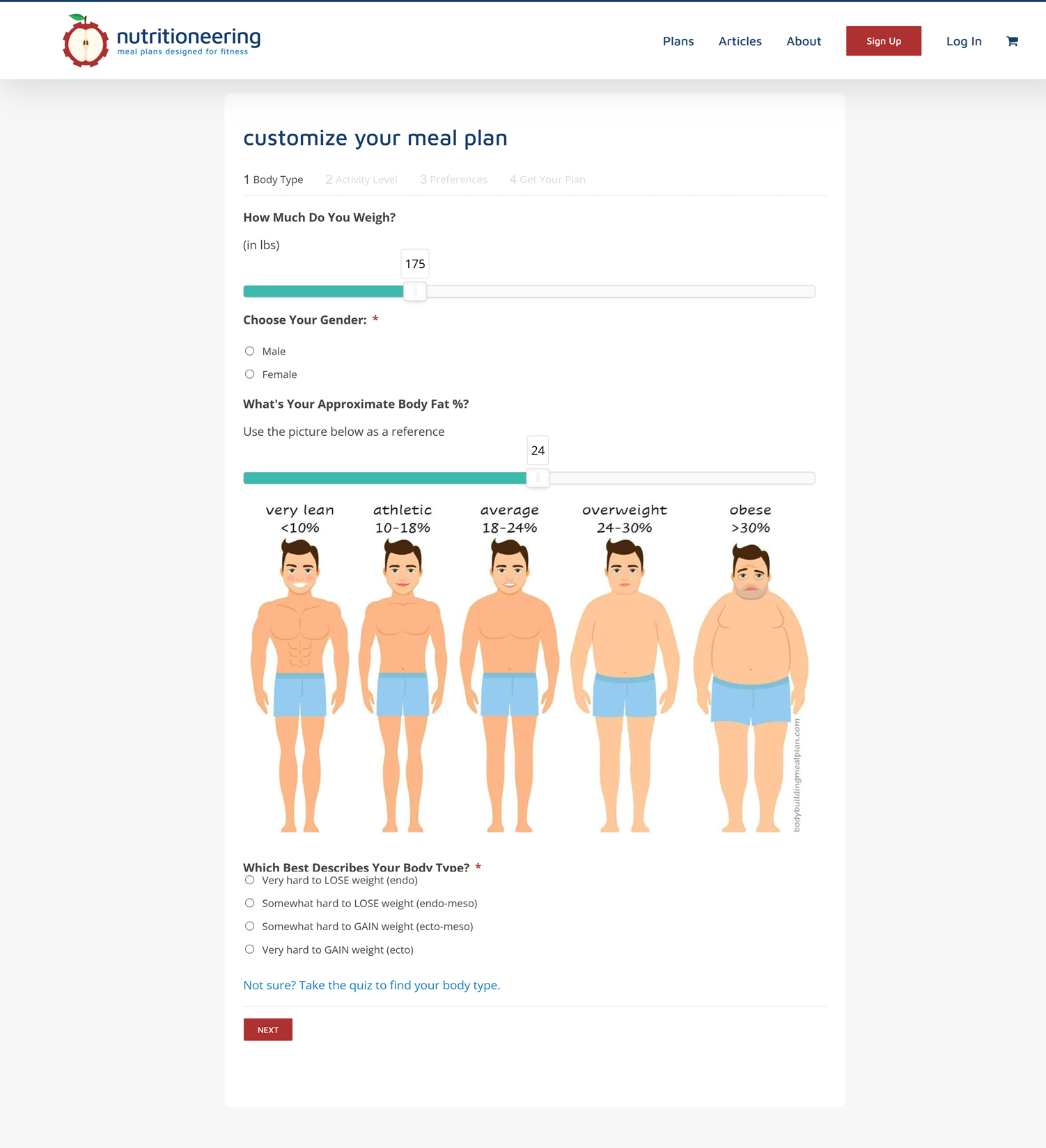 Aangepaste maaltijdplanner calculator UI ontwikkeld door 2410, met visuele referenties voor lichaamsvet en responsieve schuiven