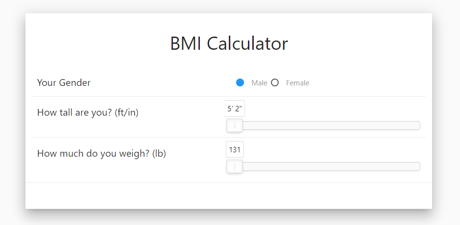 BMI Calculator Interface – biedt geslachtsselectie, sliders voor lengte en gewicht, en een strak UI aangedreven door Materialize.