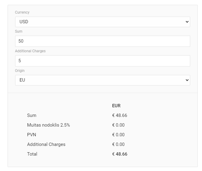 UI van de geïmplementeerde invoerrechten-calculator toont omgerekend bedrag en belastingberekening