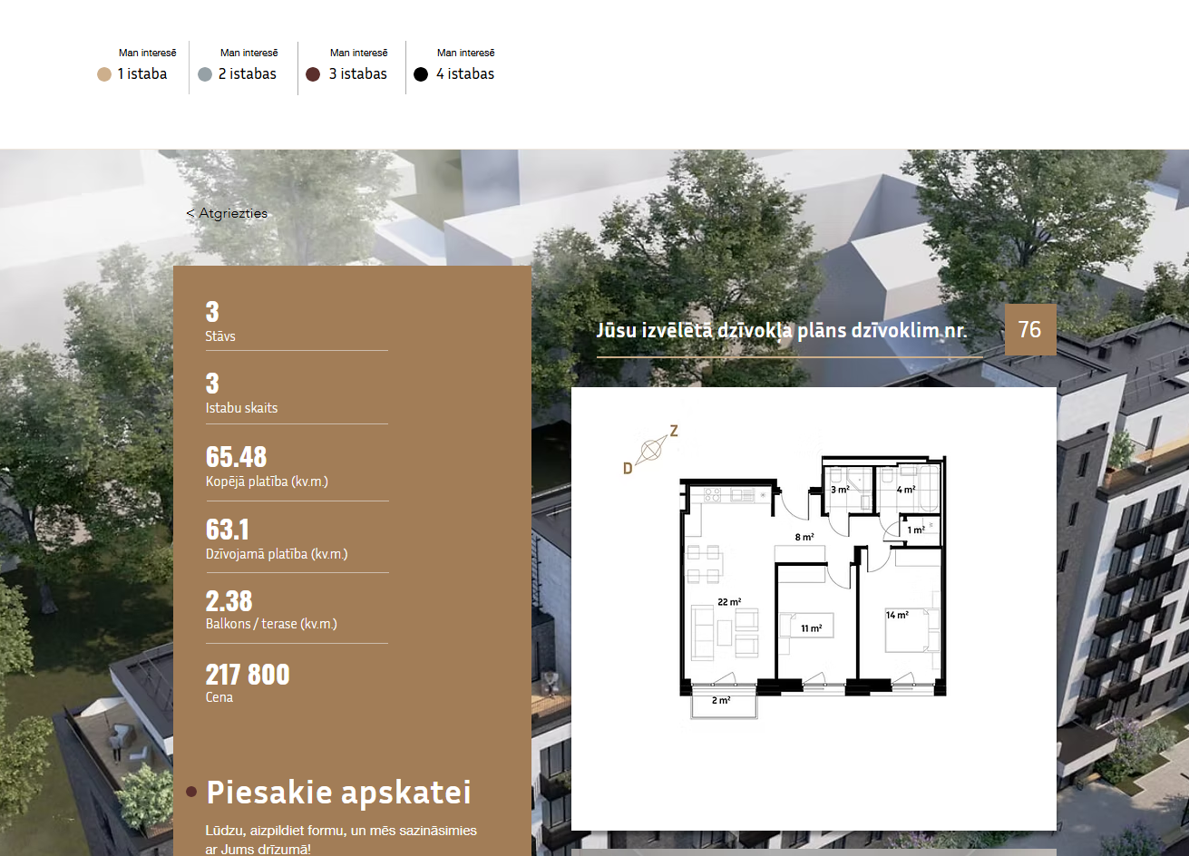 Individuele appartementspagina met volledige specificaties, prijs, plan en aanvraagformulier.