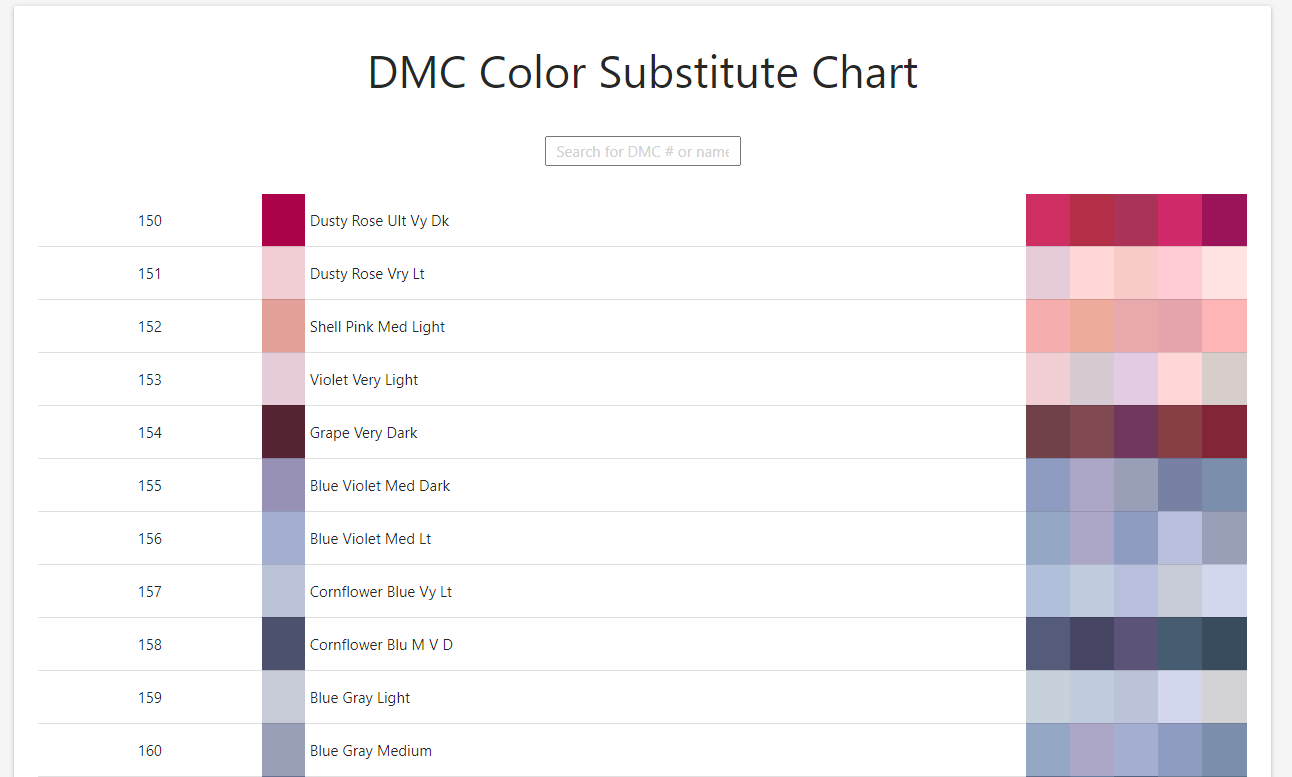 DMC Kleurenvervangingskaart - toont kleurstalen en alternatieve namen voor DMC-tinten.