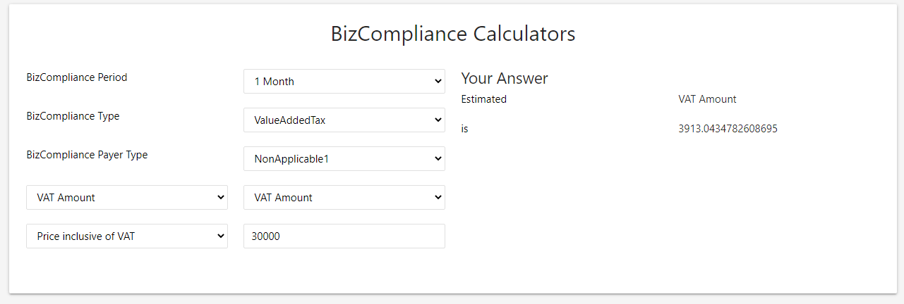 VAT Calculator output toont geschatte btw vanaf prijs inclusief btw.