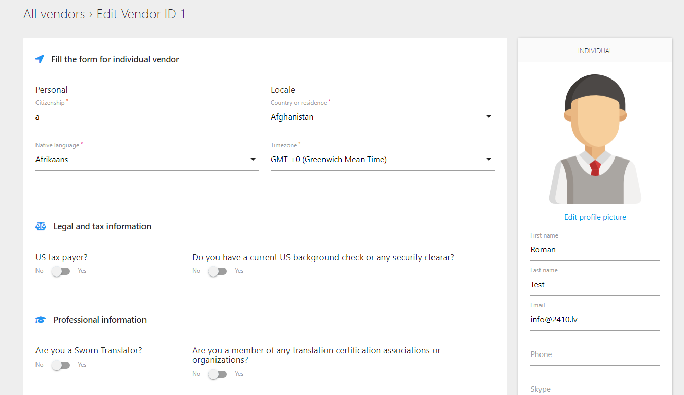 Leverancier Profiel Screenshot