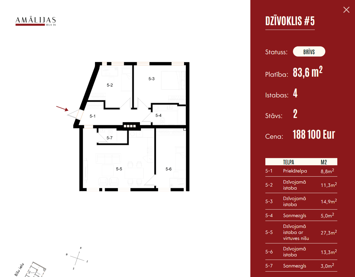 Individuele appartementmodusweergave met indelingsdetails, oppervlakte per kamer, en volledige prijs/beschikbaarheidsgegevens.
