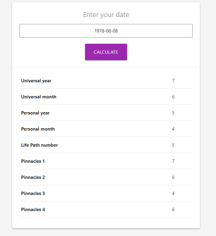 Screenshot van de Datum-gebaseerde Numerologie Calculator inclusief Levenspad en Pinnacle Nummers