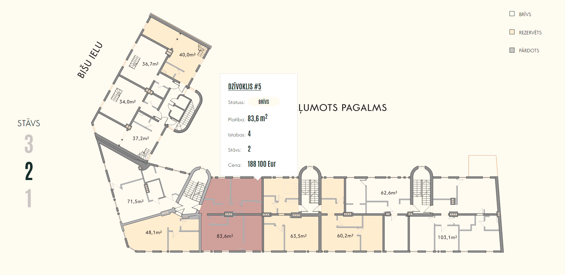 Interactieve plattegrond op de 2e verdieping, met weergave van appartementbeschikbaarheid en gedetailleerde parameters bij hover.