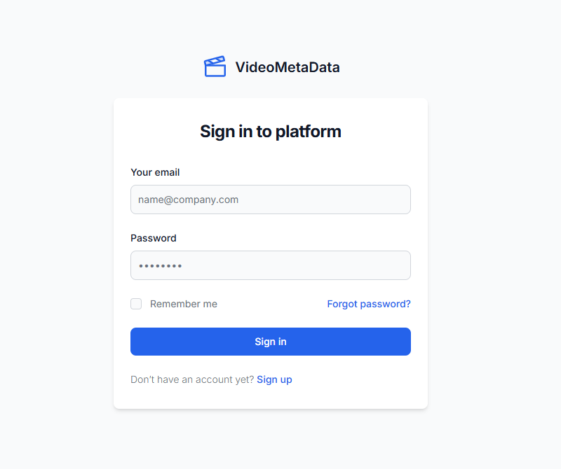 Inlogscherm voor het VideoMetaData platform met e-mail/wachtwoord toegang en gebruikersregistratie link.