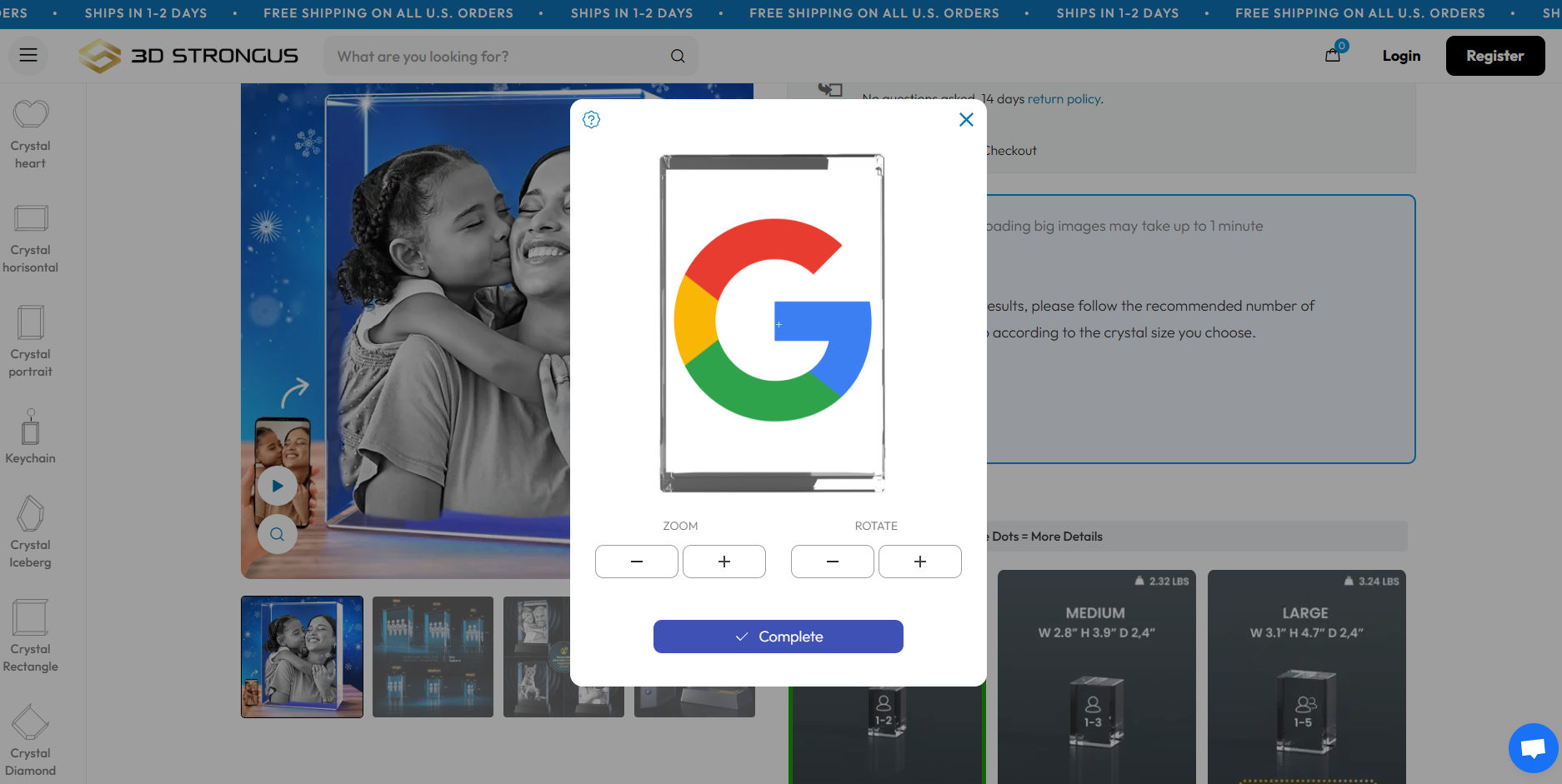 Afbeelding Bijsnijden Modal met Zoom- en Draai Functies op de 3dstrongus Productpagina