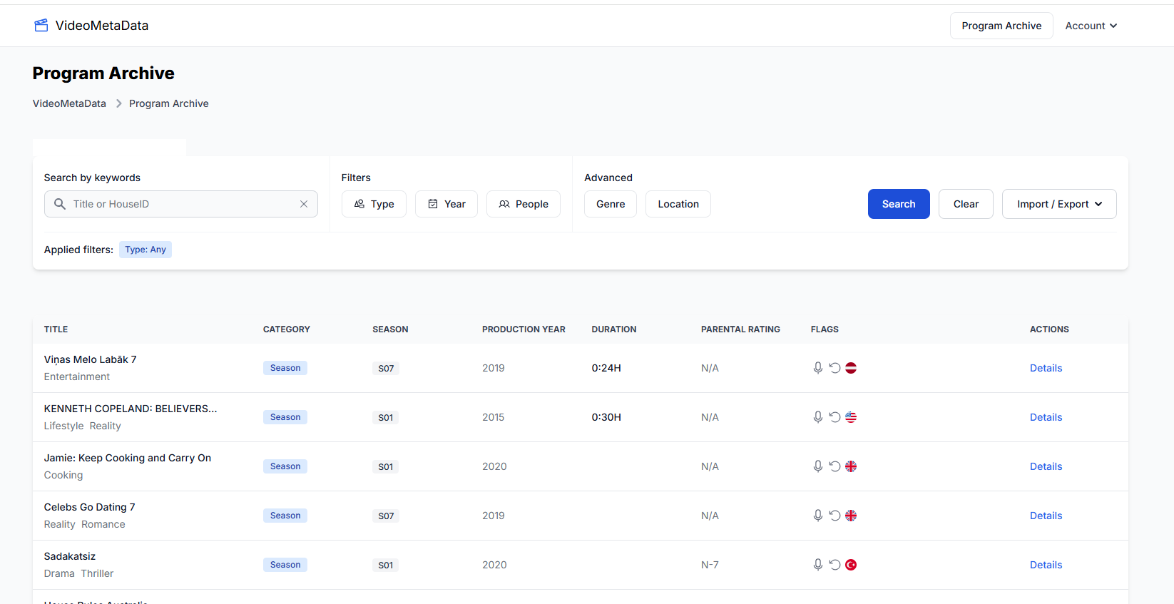 Programma-archief dashboard met geavanceerde filters, zoekfunctionaliteit en datatabel van seizoenen.