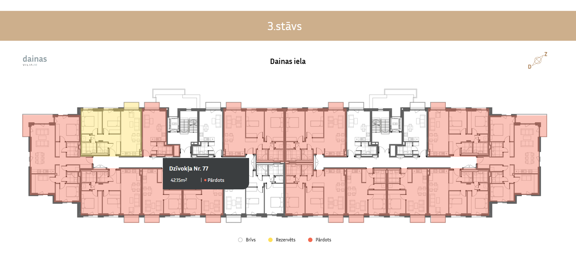 Gedetailleerd grondplan met tooltips die de status en grootte van appartementen markeren.